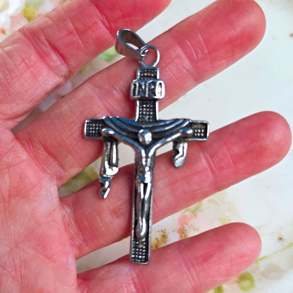 INRI Crucifix Cross Pendant Necklace, Silver Tone Metal - Christianity